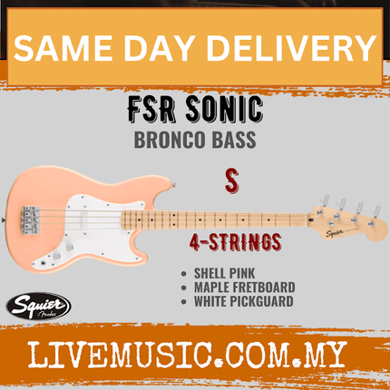 Squier FSR Bronco 4-String Bass Guitar, Maple FB, Shell Pink