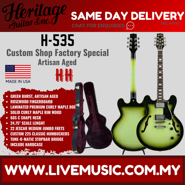 Heritage Custom Shop Factory Special H-535 Electric Guitar w/Case, Green Burst, Artisan Aged ( H535 H 535 )