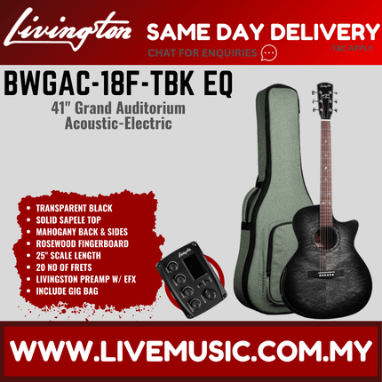 Livingston BWGAC-18F EQ Grand Auditorium 41" Solid Sapele Top Acoustic Guitar, RW FB, Trans Black (BWGAC 18F BWGAC18F)