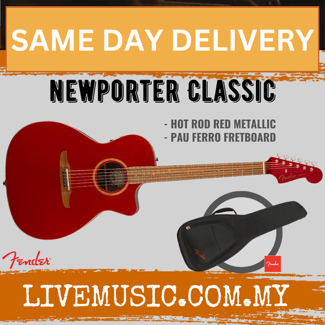 Fender California Newporter Classic Medium-Sized Acoustic-Electric Guitar with Bag - Hot Rod Red Metallic