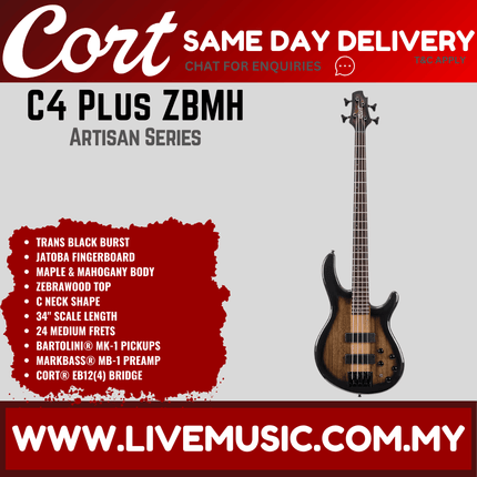 Cort C4 Plus ZBMH 4-String Electric Bass Guitar Rosewood Fretboard with Bag - Trans Black Burst