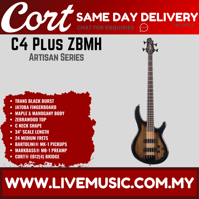 Cort C4 Plus ZBMH 4-String Electric Bass Guitar Rosewood Fretboard with Bag - Trans Black Burst