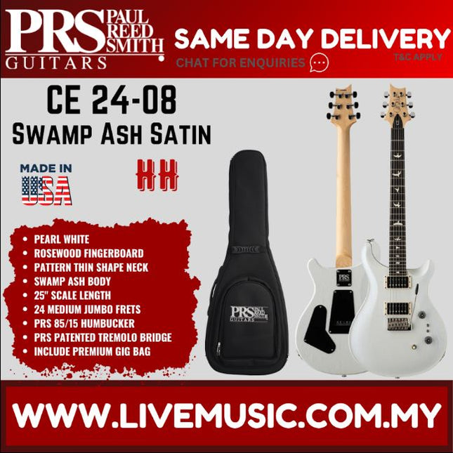 PRS Limited Edition CE 24-08 Swamp Ash Satin Electric Guitar-Pearl White