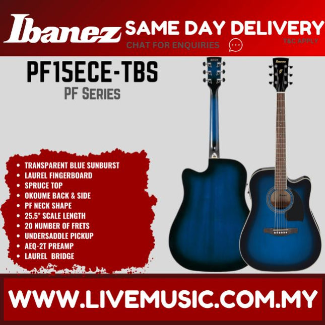 Ibanez PF15ECE Dreadnought Cutaway Acoustic-Electric Guitar - ( PF-15ECE / PF 15ECE )-Transparent Blue