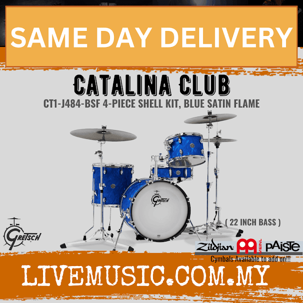 Blue satin flame 4-piece drum shell kit with bass drum, toms, snare, and cymbals