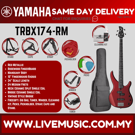 Yamaha TRBX174 4-string Electric Bass Guitar Package - Red Metallic ( TRBX 174 / TRBX-174 )