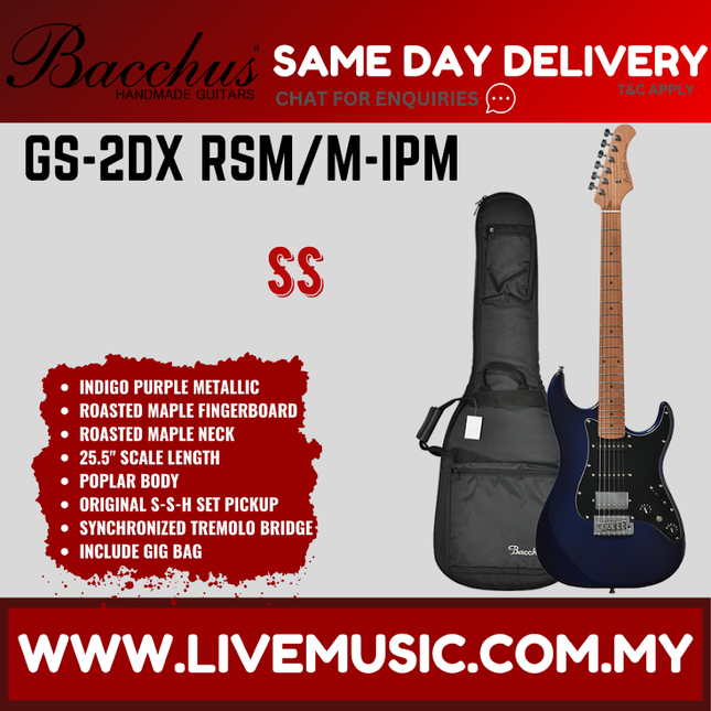 Indigo purple electric guitar with roasted maple neck and black gig bag