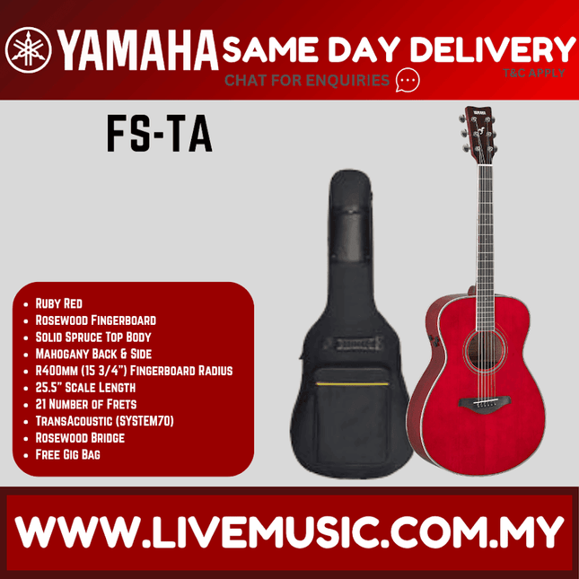 Ruby red acoustic-electric guitar with black gig bag