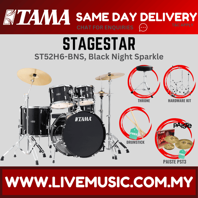 StageStar 5-piece drum set with throne, drumsticks, and Paiste PST3 cymbals—black sparkle