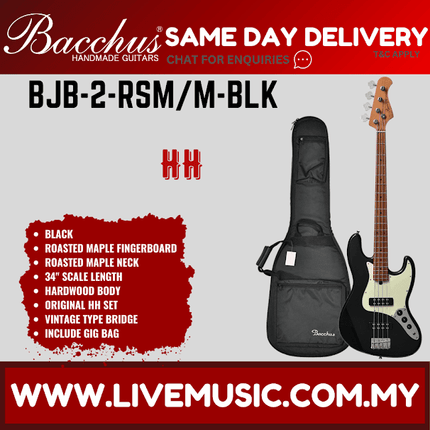 Bacchus BJB-2-RSM/M Jazz Bass HH Guitar - Black ( BJB2RSM BJB2 RSM )