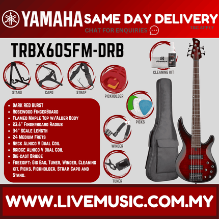 Yamaha TRBX605FM 5-string Electric Bass Guitar - Dark Red Burst ( TRBX 605FM / TRBX-605FM )