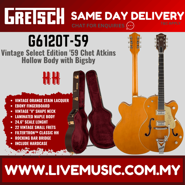 Gretsch G6120T-59 Vintage Select Chet Atkins Hollowbody w/Bigsby, Vintage Orange Stain