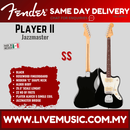 Fender Player II Jazzmaster Electric Guitar, RW FB - Black