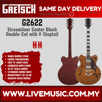 Gretsch G2622 Streamliner Centre Block Double Cut Guitar w/V-Stoptail - Single Barrel Stain ( G-2622 G 2622 )