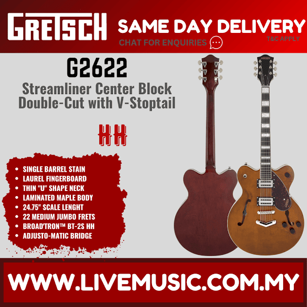 Center-block double-cut electric guitar with V-stoptail, single-barrel stain finish