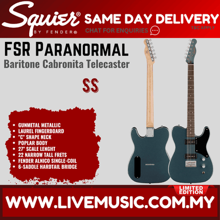 Squier FSR Baritone Cabronita Telecaster Electric Guitar, Laurel FB, Gunmetal Metallic