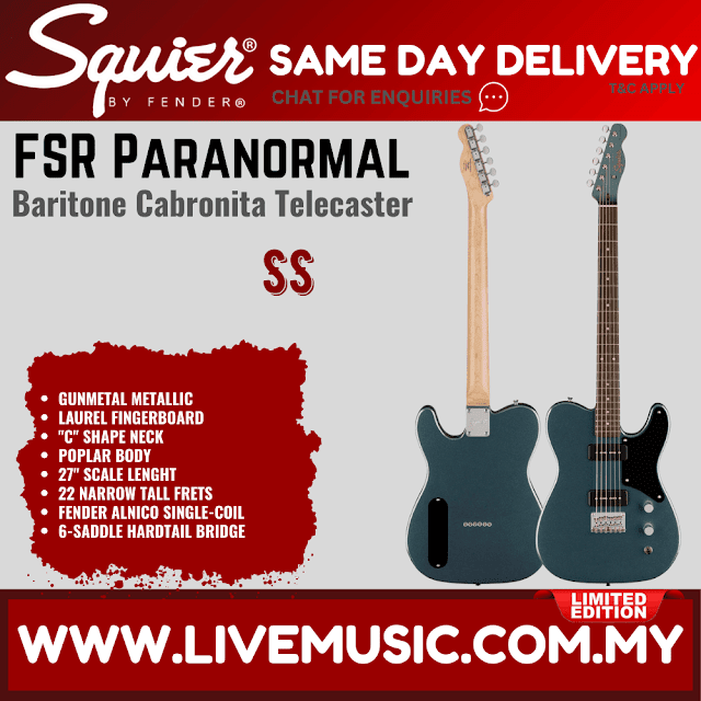 Squier FSR Baritone Cabronita Telecaster Electric Guitar, Laurel FB, Gunmetal Metallic