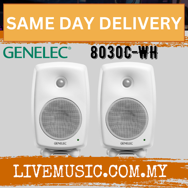 Genelec 8030C active studio monitor speakers, white pair, front view with mesh grilles