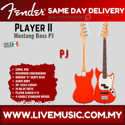 Fender Player II Mustang Bass PJ Guitar, RW FB, Coral Red