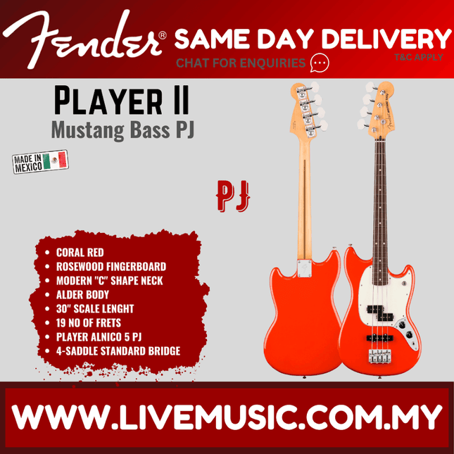 Coral red Mustang Bass PJ electric bass with maple neck, dark rosewood-style fretboard