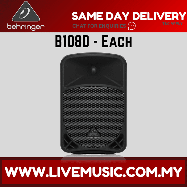 Black powered speaker with front grille and horn on a wedge stand.