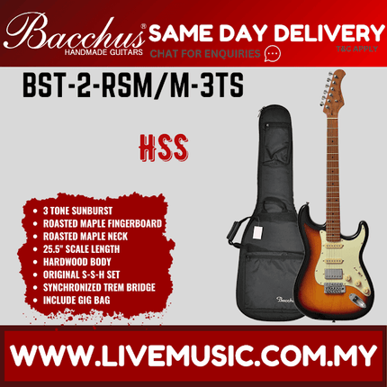 Bacchus BST-2-RSM/M Electric Guitar, Roasted Maple Fretboard - 3 Tone Sunburst (BST2RSM/BST-2-RSM)