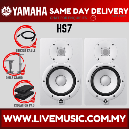 Pair of white powered studio monitors with cable and stand callouts