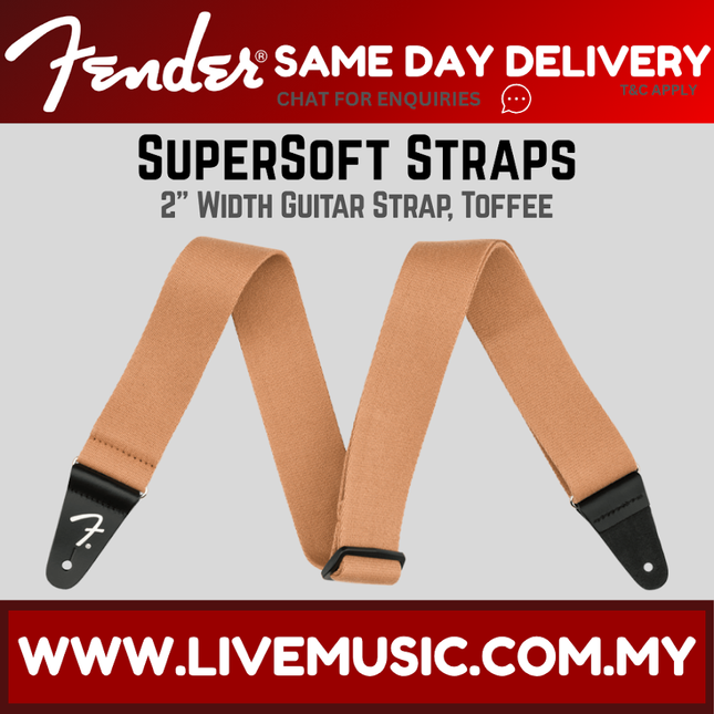 Fender Supersoft 2-inch guitar strap in toffee with black ends and adjustable buckle.