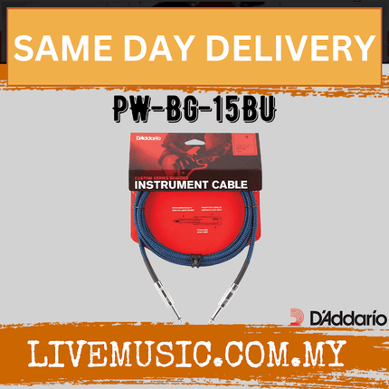 Blue braided instrument cable with 1/4-inch plug ends, packaged