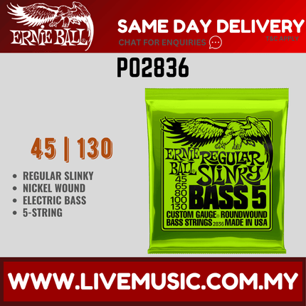Ernie Ball 2836 Bass Strings Regular Slinky Round Wound 5-String (45-130/EB2836)