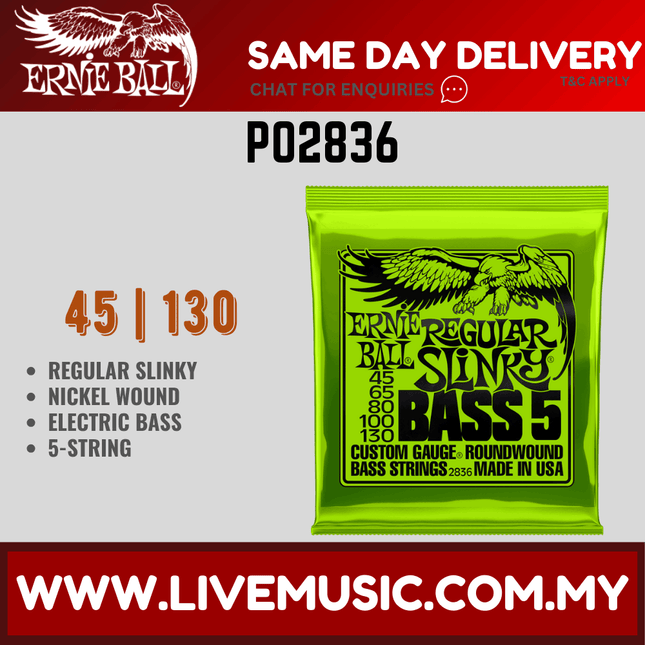 Ernie Ball 2836 Bass Strings Regular Slinky Round Wound 5-String (45-130/EB2836)