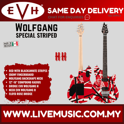 EVH Wolfgang Special Striped Series Electric Guitar, Ebony FB-Satin Striped Red/White/Black