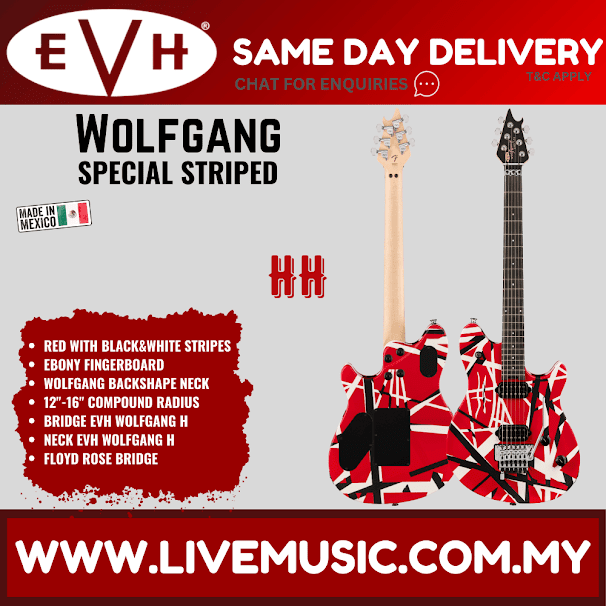 EVH Wolfgang Special Striped Series Electric Guitar, Ebony FB-Satin Striped Red/White/Black