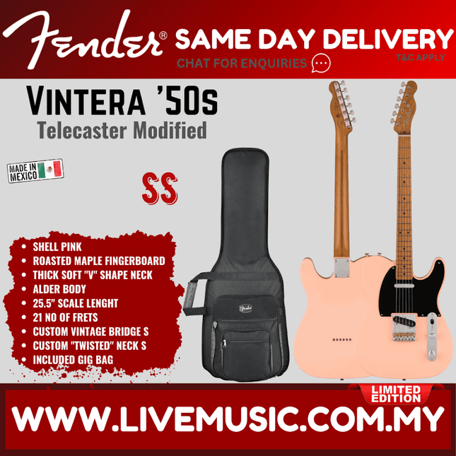 Fender Ltd Ed Vintera 50s Telecaster Modified Electric Guitar, Roasted Maple FB, Shell Pink