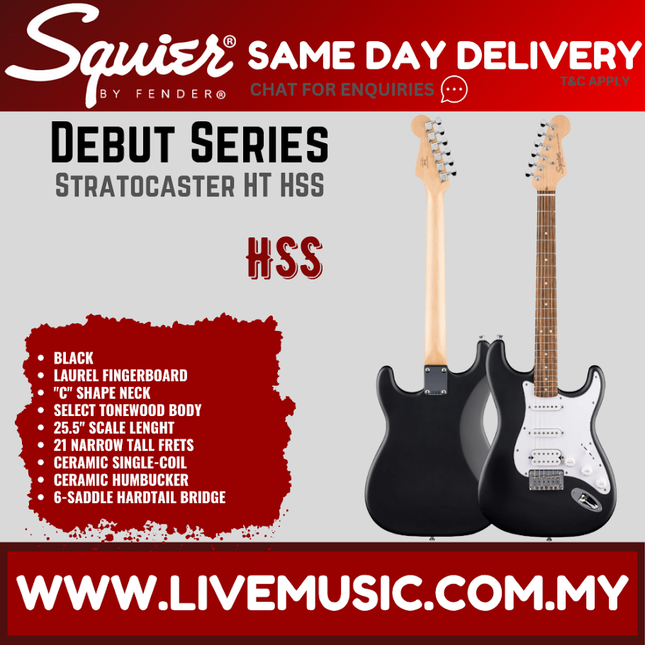 Squier Debut Series Stratocaster HT HSS Electric Guitar, Laurel FB, Black