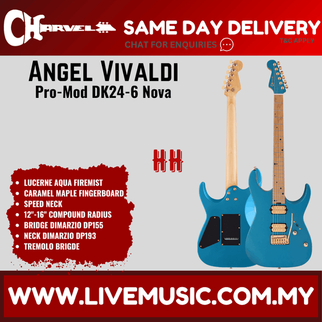 Charvel Pro-Mod Angel Vivaldi Signature DK24-6 Nova Electric Guitar, Caramelized Maple FB, Lucerne Aqua Firemist