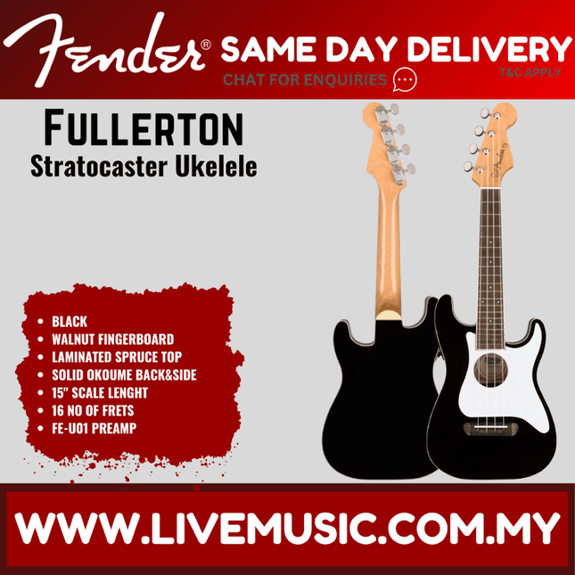 Fender Fullerton Stratocaster Ukulele, Walnut Fretboard - Black