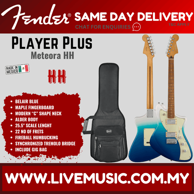 Fender Player Plus Meteora HH Electric Guitar, Belair Blue