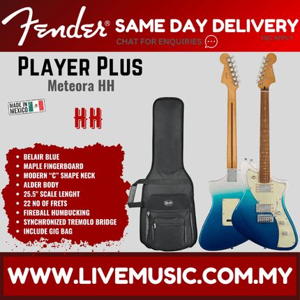Fender Player Plus Meteora HH Electric Guitar, Belair Blue