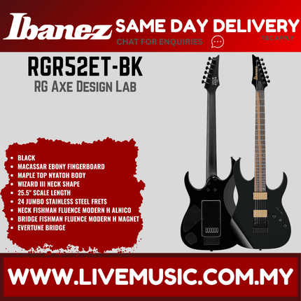 Ibanez RGR52ET-BK RG Series Reverse Headstock Electric Guitar, Black (RGR52ETBK/RGR52ET BK)
