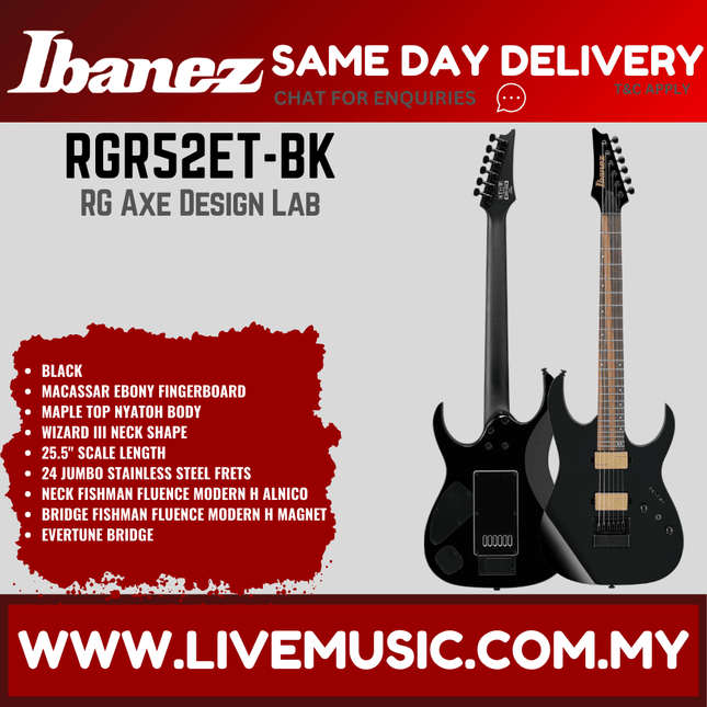 Ibanez RGR52ET-BK RG Series Reverse Headstock Electric Guitar, Black (RGR52ETBK/RGR52ET BK)