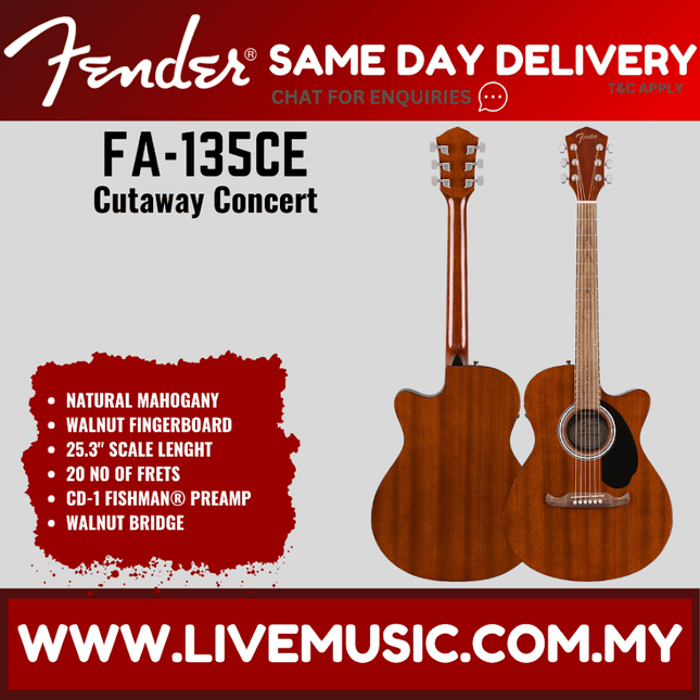 Fender FA-135CE Concert Acoustic Guitar, Walnut FB, Natural Mahogany ( FA 135CE / FA135CE )