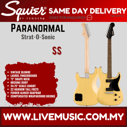 Squier Paranormal Strat-O-Sonic Electric Guitar, Laurel FB, Vintage Blonde