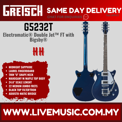 Gretsch G5232T Electromatic Double Jet FT Electric Guitar w/Bigsby, Laurel FB, Midnight Sapphire