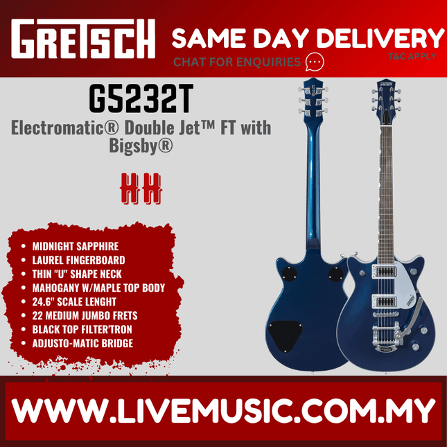 Gretsch G5232T Electromatic Double Jet FT Electric Guitar w/Bigsby, Laurel FB, Midnight Sapphire
