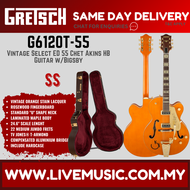 Gretsch G6120T-55 Vintage Select ED 55 Chet Akins HB Guitar w/Bigsby, Vintage Orange Stain Lacquer