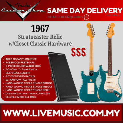 Fender Custom Shop 1967 Stratocaster Relic Guitar w/Closet Classic Hardware, Aged Ocean Turquoise
