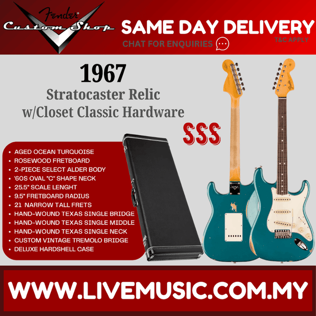Fender Custom Shop 1967 Stratocaster Relic Guitar w/Closet Classic Hardware, Aged Ocean Turquoise