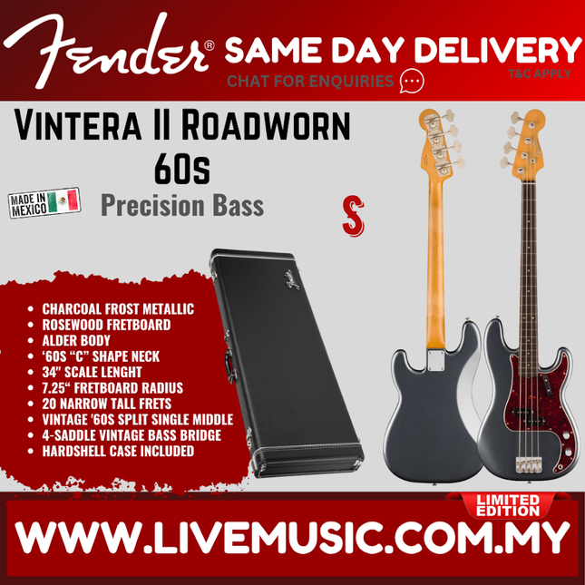 Fender Limited Edition Vintera II Roadworn 60s Precision Bass Guitar, RW FB, Charcoal Frost Metallic