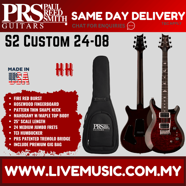 PRS S2 Custom 24-08 Electric Guitar - Fire Red Burst